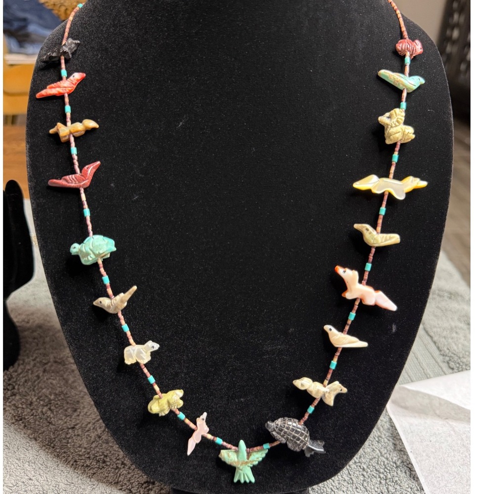 Navajo Zuni Sterling Silver Fetish Necklace Hand Carved Stone Shell Animals